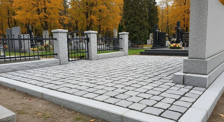 Благоустройство захоронений в Норильске — мощение гранитной плиткой, цоколь и ограда на ухоженном участке