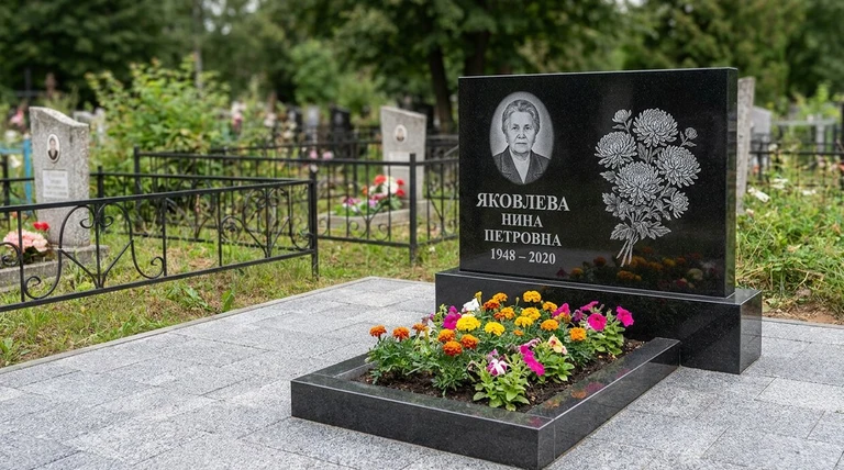 Гравировка хризантем на памятник в Норильске — пример работы на граните