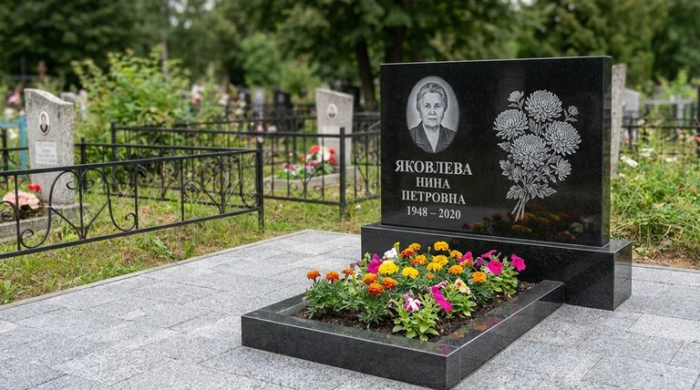 Памятник с гравировкой хризантем — выполненная работа «Соколов» в Норильске