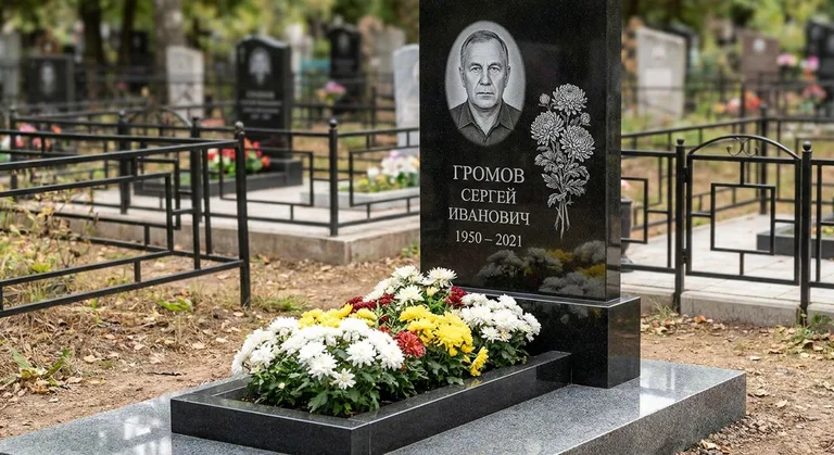 Памятник с гравировкой хризантем — выполненная работа «Громов» в Норильске