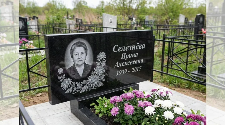 Памятник с гравировкой хризантем — выполненная работа «Селезнёва» в Норильске
