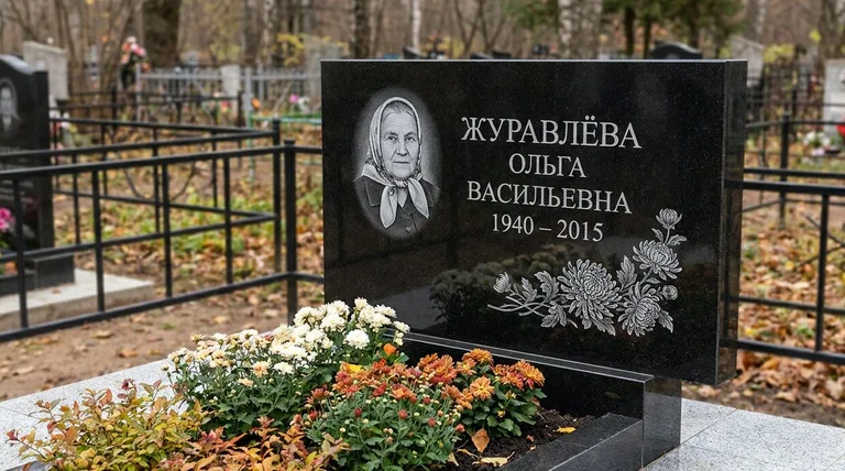 Памятник с гравировкой хризантем — выполненная работа «Журавлёва» в Норильске