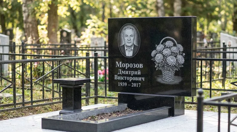 Памятник с гравировкой хризантем — выполненная работа «Морозов» в Норильске