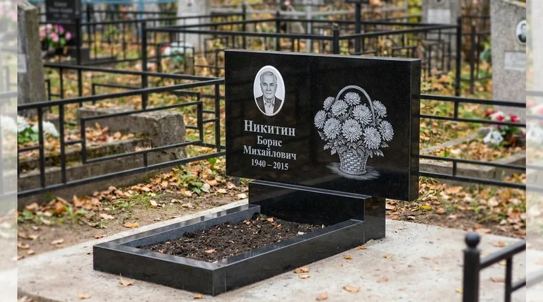 Памятник с гравировкой хризантем — выполненная работа «Никитин» в Норильске