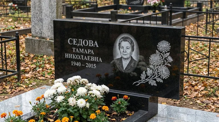 Памятник с гравировкой хризантем — выполненная работа «Седова» в Норильске