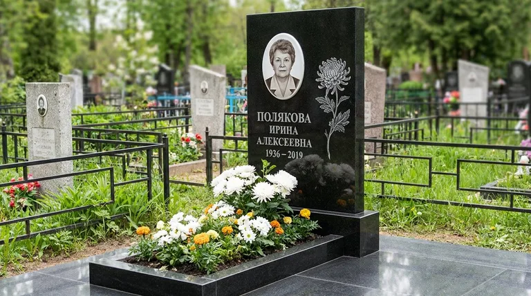 Памятник с гравировкой хризантем — выполненная работа «Полякова» в Норильске