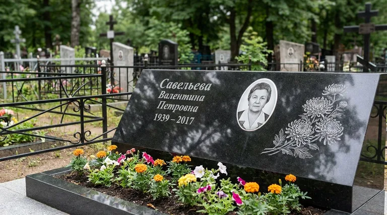 Памятник с гравировкой хризантем — выполненная работа «Савельева» в Норильске
