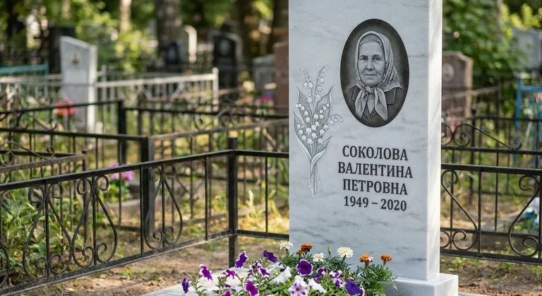 Памятник с гравировкой ландышей — выполненная работа «Соколова» в Норильске