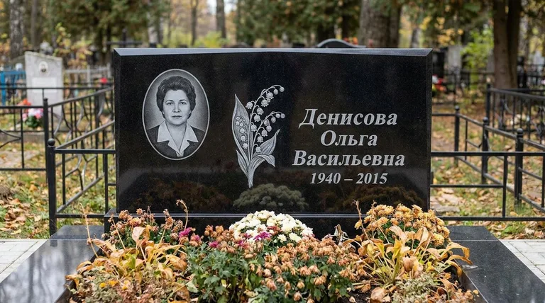 Памятник с гравировкой ландышей — выполненная работа «Денисова» в Норильске