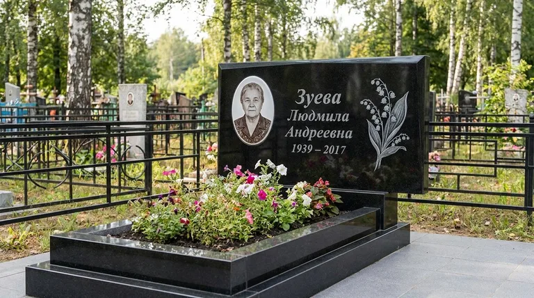 Памятник с гравировкой ландышей — выполненная работа «Зуева» в Норильске