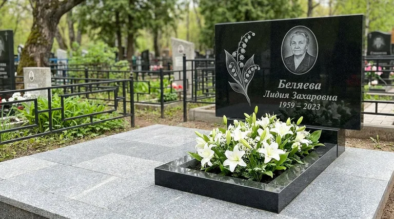 Памятник с гравировкой ландышей — выполненная работа «Беляева» в Норильске