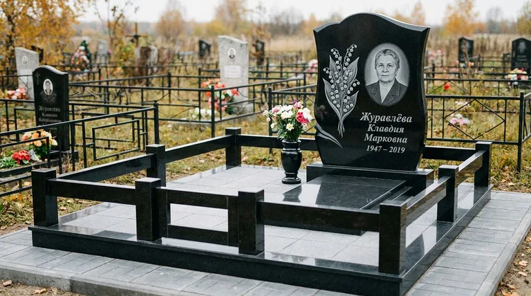 Памятник с гравировкой ландышей — выполненная работа «Журавлёва» в Норильске