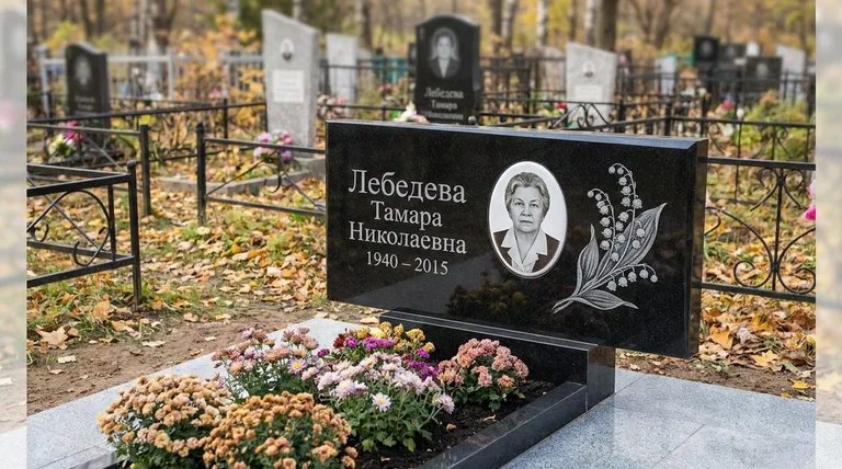 Памятник с гравировкой ландышей — выполненная работа «Лебедева» в Норильске