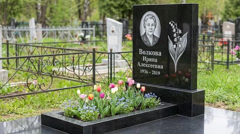 Памятник с гравировкой ландышей — выполненная работа «Волкова» в Норильске