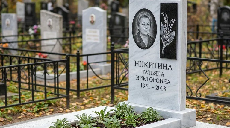 Памятник с гравировкой ландышей — выполненная работа «Никитина» в Норильске