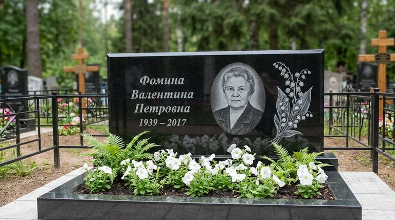 Памятник с гравировкой ландышей — выполненная работа «Фомина» в Норильске