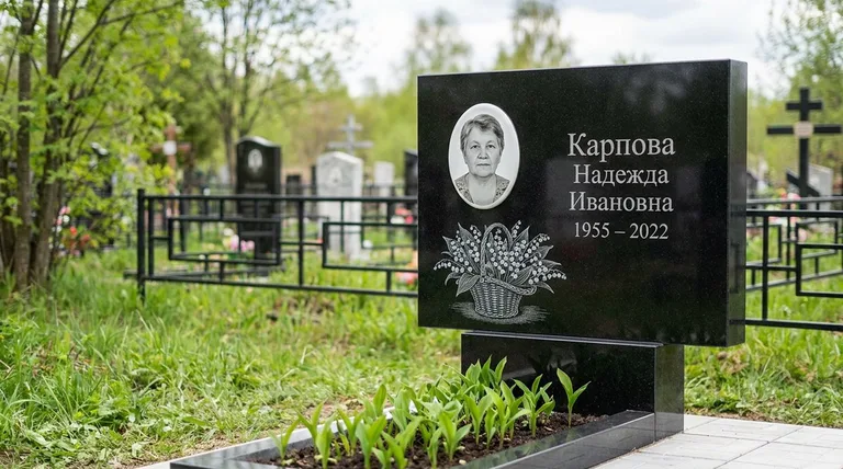 Памятник с гравировкой ландышей — выполненная работа «Карпова» в Норильске