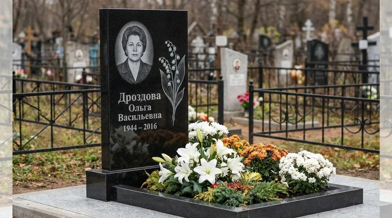 Памятник с гравировкой ландышей — выполненная работа «Дроздова» в Норильске