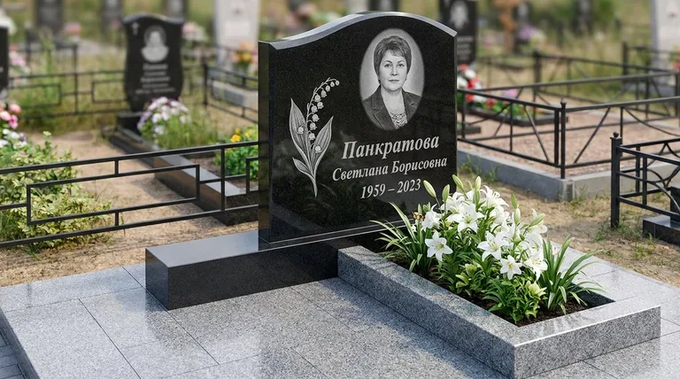 Памятник с гравировкой ландышей — выполненная работа «Панкратова» в Норильске