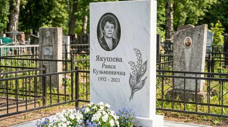 Памятник с гравировкой ландышей — выполненная работа «Якушева» в Норильске