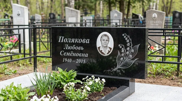 Памятник с гравировкой ландышей — выполненная работа «Полякова» в Норильске