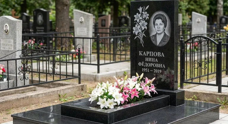 Памятник с гравировкой лилий — выполненная работа «Карпова» в Норильске