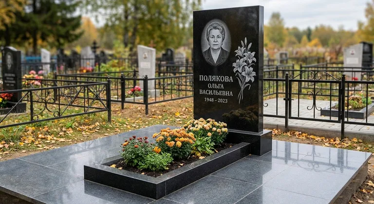 Памятник с гравировкой лилий — выполненная работа «Полякова» в Норильске