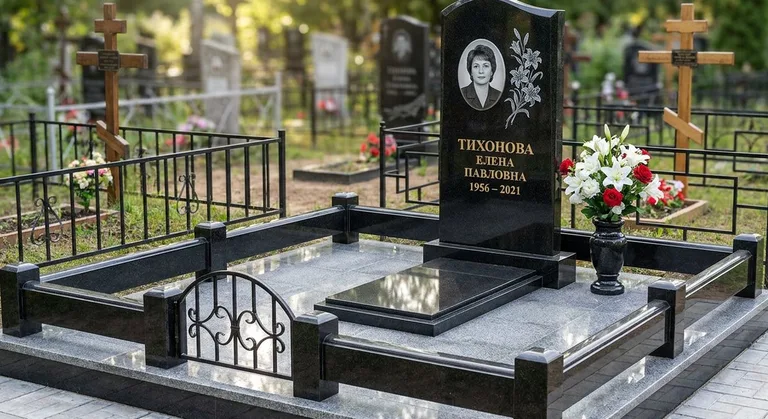 Памятник с гравировкой лилий — выполненная работа «Тихонова» в Норильске