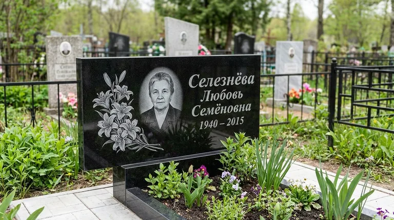 Памятник с гравировкой лилий — выполненная работа «Селезнёва» в Норильске