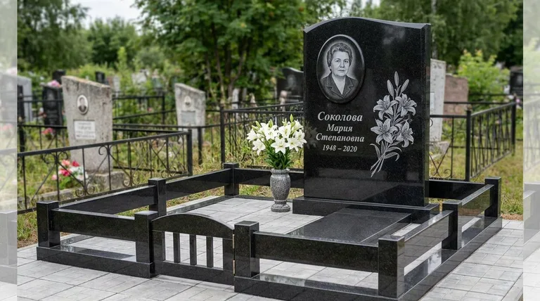 Памятник с гравировкой лилий — выполненная работа «Соколова» в Норильске