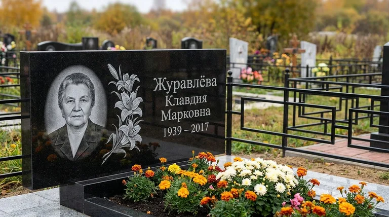 Памятник с гравировкой лилий — выполненная работа «Журавлёва» в Норильске
