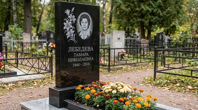 Памятник с гравировкой лилий — выполненная работа «Лебедева» в Норильске