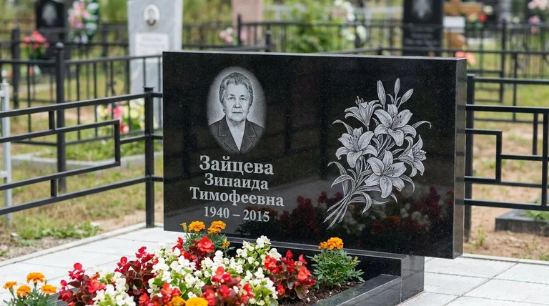 Памятник с гравировкой лилий — выполненная работа «Зайцева» в Норильске