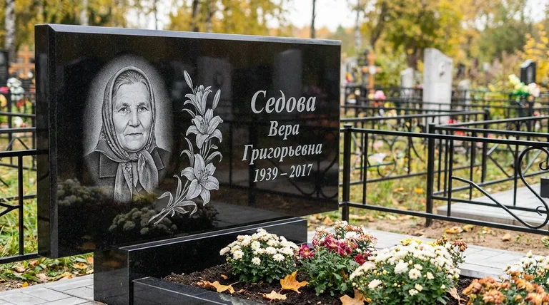 Памятник с гравировкой лилий — выполненная работа «Седова» в Норильске
