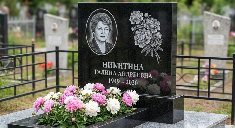 Памятник с гравировкой пионов — выполненная работа «Никитина» в Норильске