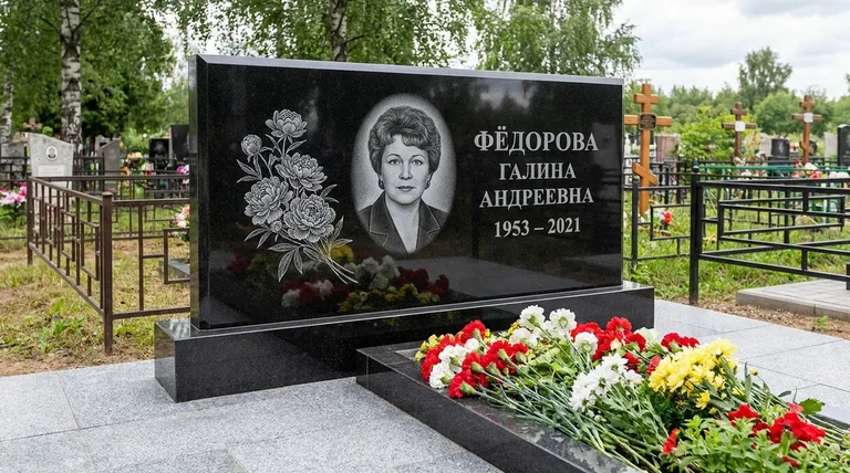 Памятник с гравировкой пионов — выполненная работа «Фёдорова» в Норильске