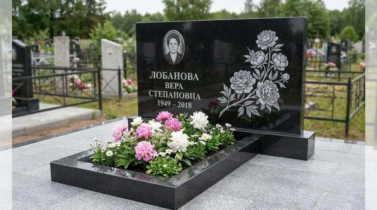 Памятник с гравировкой пионов — выполненная работа «Лобанова» в Норильске