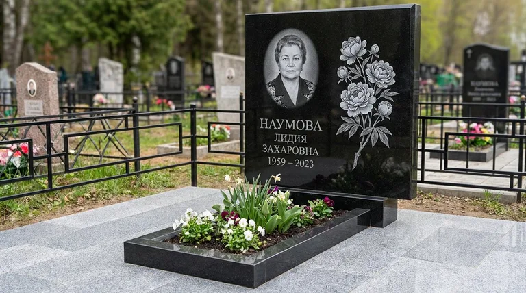 Памятник с гравировкой пионов — выполненная работа «Наумова» в Норильске