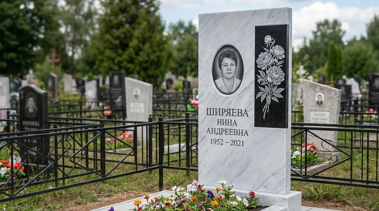 Памятник с гравировкой пионов — выполненная работа «Ширяева» в Норильске