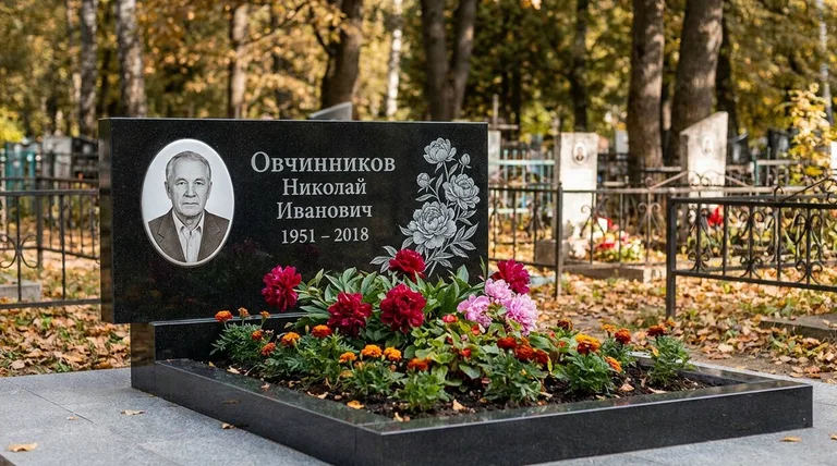 Памятник с гравировкой пионов — выполненная работа «Овчинников» в Норильске