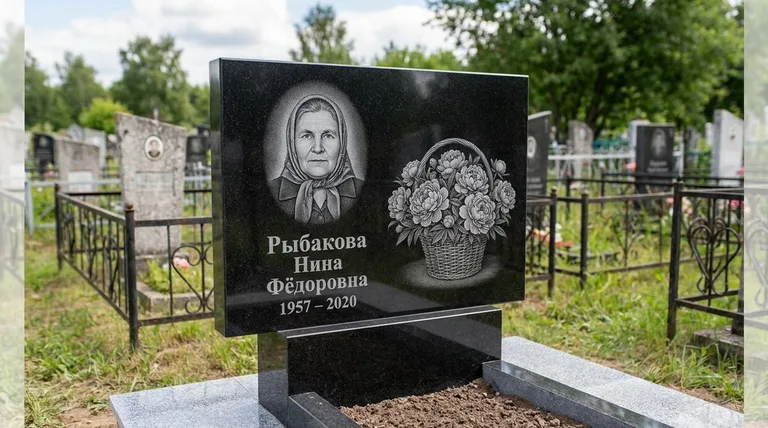 Памятник с гравировкой пионов — выполненная работа «Рыбакова» в Норильске