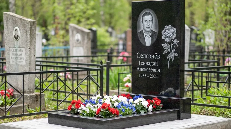 Памятник с гравировкой пионов — выполненная работа «Селезнёв» в Норильске