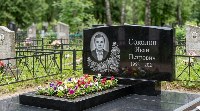 Памятник с гравировкой пионов — выполненная работа «Соколов» в Норильске