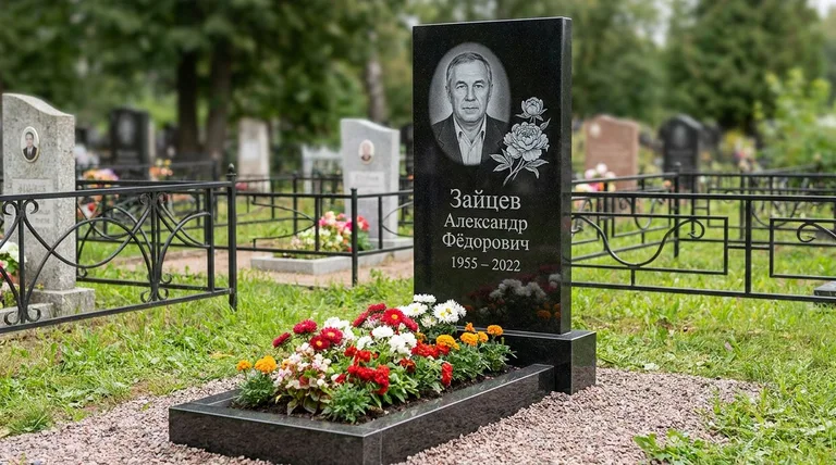 Памятник с гравировкой пионов — выполненная работа «Зайцев» в Норильске