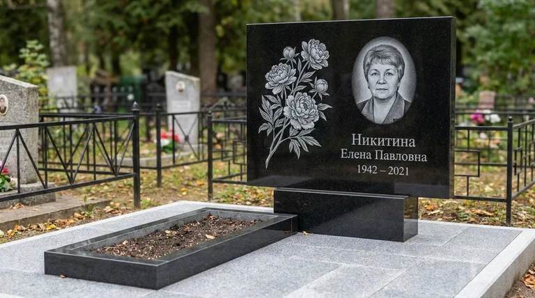 Памятник с гравировкой пионов — выполненная работа «Никитина» в Норильске