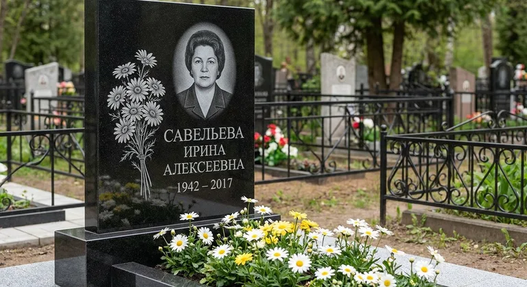Памятник с гравировкой ромашек — выполненная работа «Савельева» в Норильске