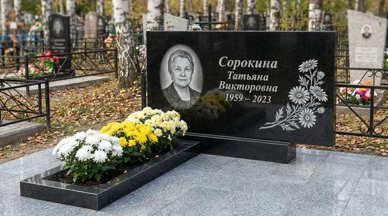 Памятник с гравировкой ромашек — выполненная работа «Сорокина» в Норильске