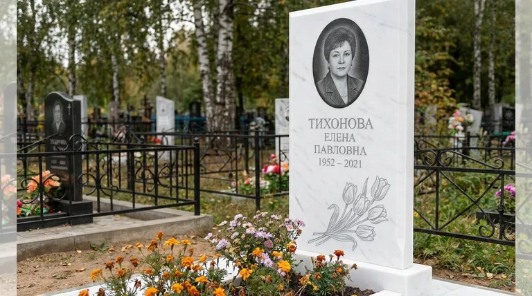 Памятник с гравировкой тюльпанов — выполненная работа «Тихонова» в Норильске