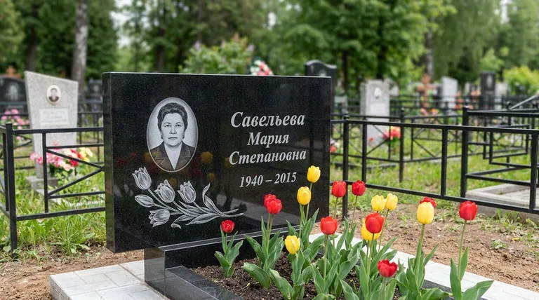 Памятник с гравировкой тюльпанов — выполненная работа «Савельева» в Норильске