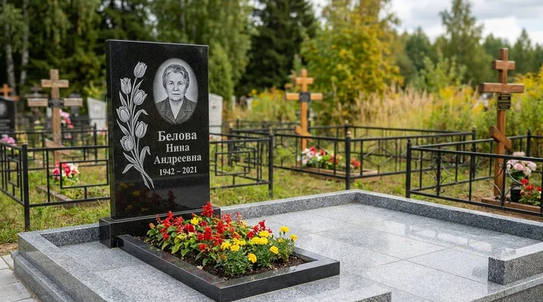 Памятник с гравировкой тюльпанов — выполненная работа «Белова» в Норильске